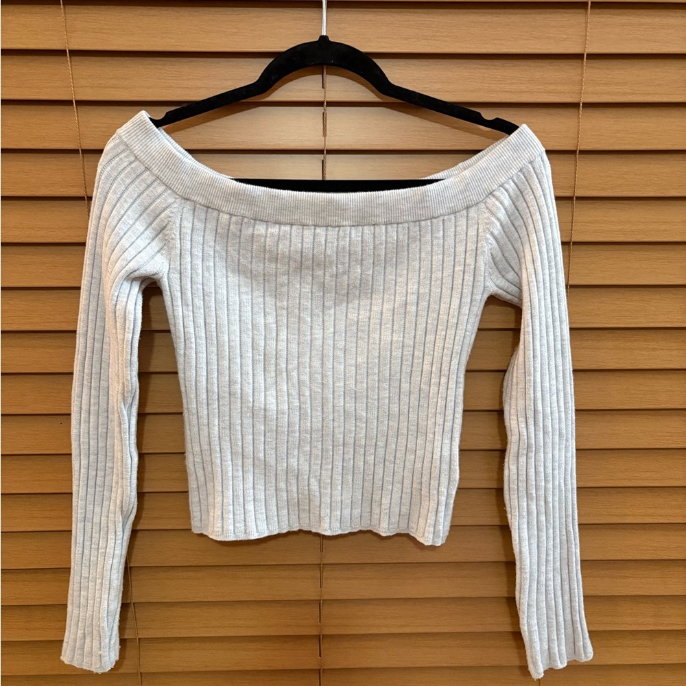 Aerie Off-Shoulder Ribbed Knit Sweater - Medium Grey - Picture 2 of 10